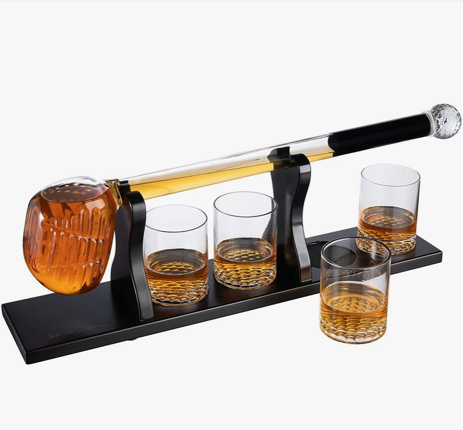 Golf Club Whiskey Decanter and 4 Liquor Glasses