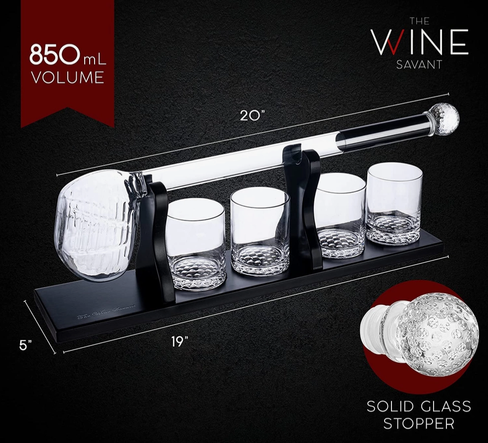 Golf Club Whiskey Decanter and 4 Liquor Glasses