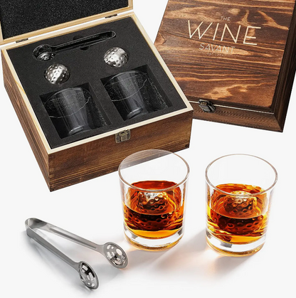 Bar Gift Set - Golf Whiskey Glasses - Golf Ball Chillers