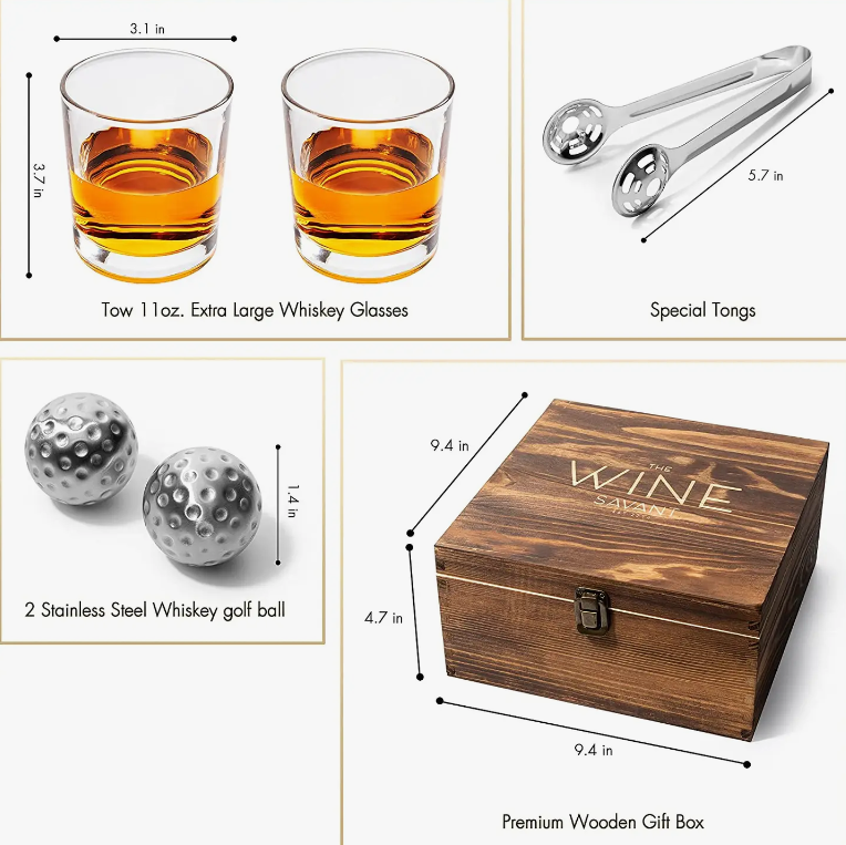 Bar Gift Set - Golf Whiskey Glasses - Golf Ball Chillers