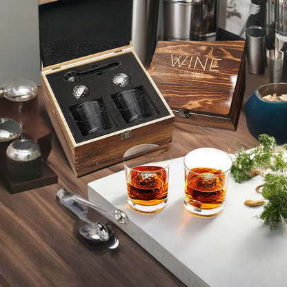 Bar Gift Set - Golf Whiskey Glasses - Golf Ball Chillers